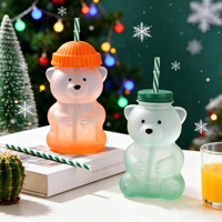 600 ml Ayı Şeklinde Meyve Suyu Kahve Şişesi Sevimli Renkli Vidalı Kapaklı Pipetli Buzlu Yarı Saydam Gradyan Renkli Spreyli Noel