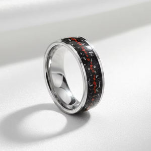Nouvelle conception Bague en tungstène plaqué argent 8 mm avec incrustation d'opale rouge naturelle et de météorite de grès pour couple, bague de fiançailles, bague d'anniversaire - Product Image 5