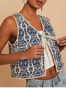 Women <b>Blue</b> Floral Embroidery <b>Canvas</b> Finished Button Eco-Friendly Quilted Jacket Winter Party Wear Open Stitch - Product Image 2