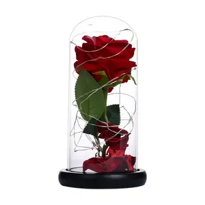 High Quality gift flowers Artificial Rose in glass dome with led light festival Valentine's day flowers artificial