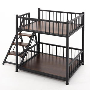 Коричневая кровать-мебель для собак из массивного железа и дерева с квадратными трубчатыми элементами, дышащая, с горизонтальной раздвижной дверцей и лестницей - Product Image 3