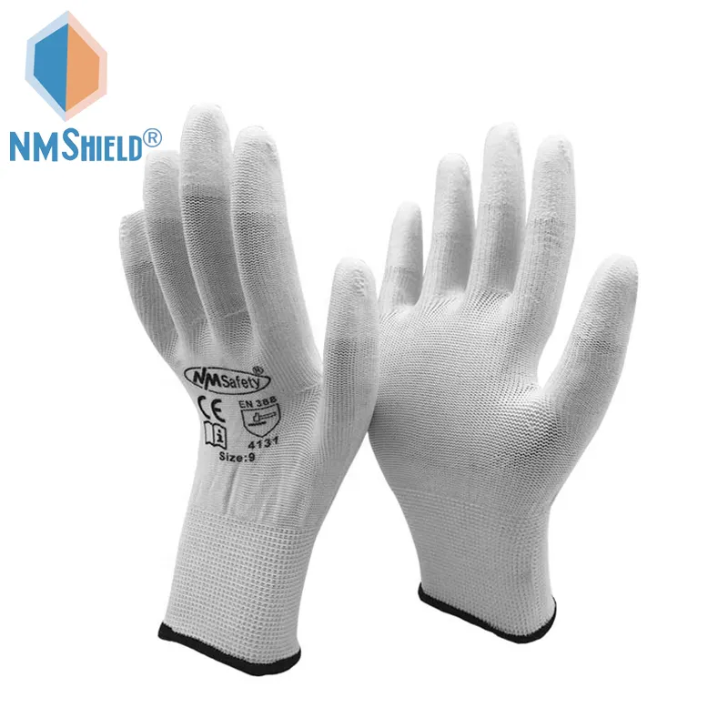 NMSHIELD white nylon assembly work gloves pu finger gloves