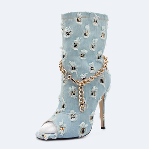 <span class=keywords><strong>Bottes</strong></span> uniques bottines à bout ouvert stiletto chaîne métallique garniture bleu ciel déchiré bout pointu <span class=keywords><strong>bottes</strong></span> de cowboy - Product Image 2