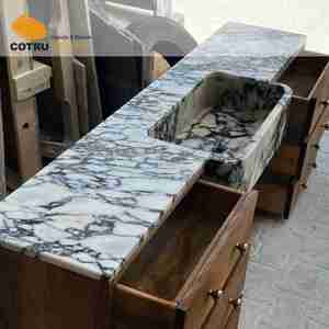 Lavabo Vintage in Marmo Naturale Calacatta Viola con <span class=keywords><strong>Mobile</strong></span> in Legno Massello per <span class=keywords><strong>Bagno</strong></span> di Lusso - Product Image 4