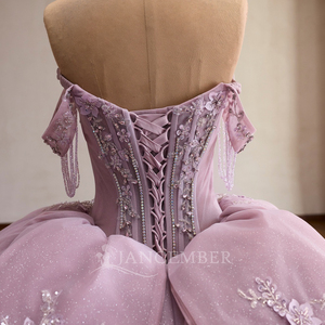 261101 Magnifiques robes de Quinceañera pour femmes, lavande, épaules dénudées, avec franges et cristaux - Product Image 6