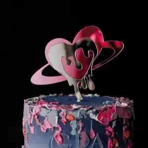 2024 Roze En Zilveren Dubbele Lagen Hart Acryl Cake Topper Valentijnsdag Cake Topper