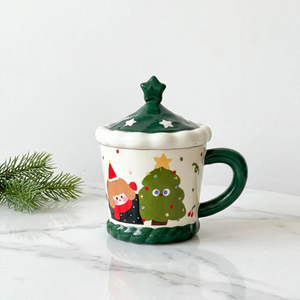 Mug à café en céramique de Noël de 480 ml avec couvercle - Passe au lave-vaisselle et au micro-ondes, sans danger pour les aliments, réutilisable, cadeau promotionnel - Product Image 2