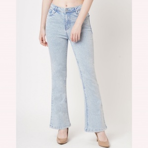 Jean évasé taille haute pour femme, style vintage, bleu clair, coupe slim, en denim extensible – Meilleure vente - Product Image 1