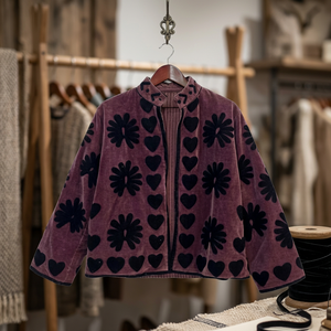 Manteau en velours à col mandarin avec motif floral appliqué, manches longues, fermeture éclair, vêtement d'automne pour adultes, grande taille - Product Image 1