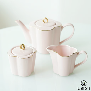 Juego de Té de Porcelana Rosa LEXI con Borde Dorado, Taza, Platillo, Azucarera y Cremera, Duradero, de Lujo Europeo, Personalizado - Product Image 2