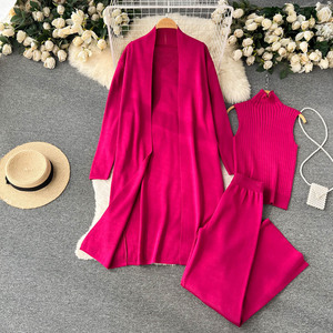 Kustom 3 buah kardigan cocok Sweater celana kaki lebar dan Crop Top Set pakaian musim gugur wanita 2023 - Product Image 3