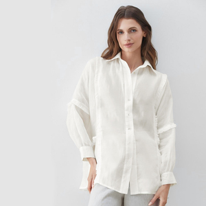 Camicetta in cotone <span class=keywords><strong>con</strong></span> <span class=keywords><strong>frange</strong></span> personalizzata Primavera 2026 - <span class=keywords><strong>Camicia</strong></span> oversize a maniche lunghe <span class=keywords><strong>con</strong></span> colletto a risvolto, OEM/ODM da fabbrica di abbigliamento cinese - Product Image 1
