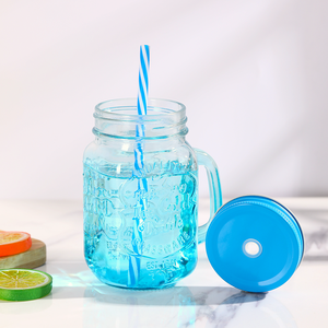 Tùy Chỉnh Màu Sắc Thủy Tinh <span class=keywords><strong>Mason</strong></span> Jar Cốc Cà Phê Uống Lọ Thủy Tinh Với Nắp Và Rơm Nổi Logo Thủy Tinh - Product Image 4