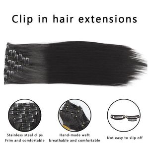 Extensions de cheveux synthétiques lisses et longues à clips, 7 pièces, en fibres résistantes à la chaleur, épaisses, avec clips - Product Image 4