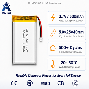 Batterie au lithium polymère rechargeable certifiée UN38.3 3,7 V 500 mAh, taille personnalisée pour les appareils portables, les dispositifs IoT, OEM ODM - Product Image 1