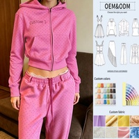 Ensemble de survêtement rose à pois avec capuche et fermeture éclair pour femme, fabrication OEM ODM sur mesure, marque privée, vente en gros