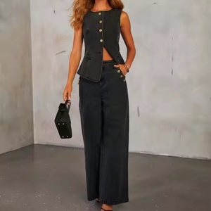 Conjunto de Mezclilla para Mujer: Top Holgado sin Mangas con Cuello Redondo y Jeans de Pierna Ancha de Talle Alto, Novedad de Otoño de Alta Calidad - Product Image 4