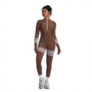 Combinaison pour femme à taille haute, manches longues, couleur unie, col en V, longueur intégrale, respirante, extensible, coupe moderne, tenue de sport - Product Image 2