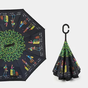 Fonte da fábrica Guarda-chuvas invertidos Upside Down,C Handle Duplo Canopy Custom Logo Impressão Reversa Guarda-chuvas/