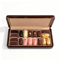 Boîte à dattes en bois foncé brillant avec fermeture magnétique, doublure en PU, décoration en feuille d'or, logo personnalisé pour le Ramadan, l'Aïd, emballage alimentaire de luxe