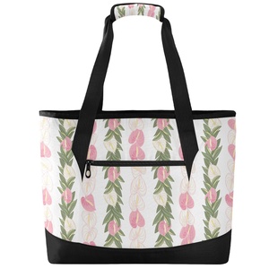 Grand sac isotherme de plage personnalisé Anthurium Aloha Hawaïen pour fleurs roses, sac fourre-tout d'été à bandoulière pour les courses - Product Image 3