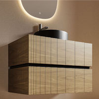 Ensemble de meuble-lavabo mural moderne en bois massif texturé, personnalisé, avec lavabo intégré et miroir LED, pour projets d'appartements et d'hôtels