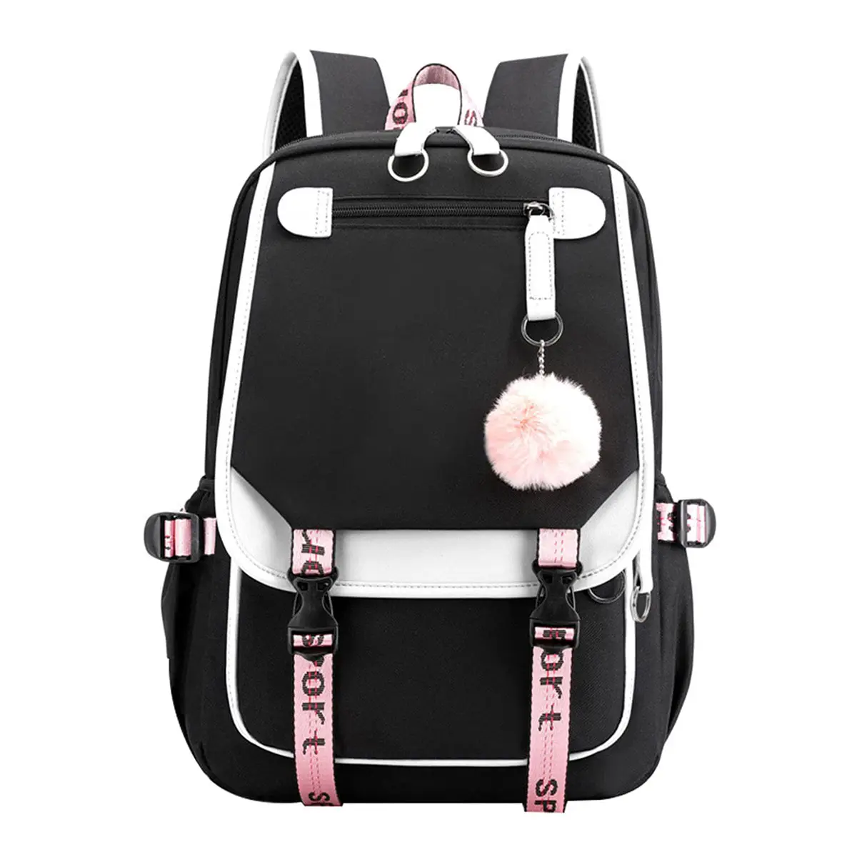White and black pom pom Funny Kitty Cat School Backpacks for Girls Kids BoysNebula Book Bag
