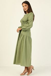 Robe <span class=keywords><strong>longue</strong></span> <span class=keywords><strong>longue</strong></span> à manches longues ballon <span class=keywords><strong>et</strong></span> col rond de couleur unie pour femme de style australien - Product Image 5