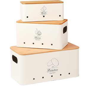 Ensemble de 3 boîtes de conservation de cuisine classiques noires avec couvercle métallique à trous d'aération pour la conservation de la fraîcheur des pommes de terre, des oignons et de l'ail - Product Image 2