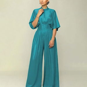 Combinaison bleu lac personnalisée pour femmes, col rond, manches chauve-souris, taille haute, jambes larges, salopette boutonnée - Product Image 3