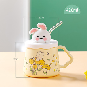 Conejito de cerámica de gran venta con caja de regalo, vidrio creativo con tapa bonita, tazas de café duraderas con pajita para beber bebidas - Product Image 2