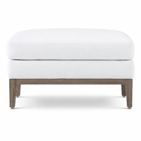 Pouf en tissu de lin blanc, style moderne minimaliste, repose-pieds avec base en bois et pieds coniques pour salon, siège supplémentaire