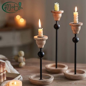 Vintage Wooden <b>Candlestick</b> Set Round Iron Wood Combination Home Decoration Entryway Gift - Product Image 3