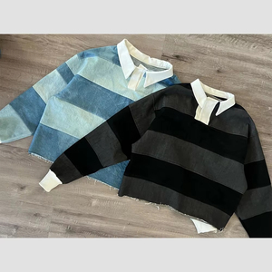 Tùy Chỉnh Nguyên Liệu HEM Đau Khép Dài Tay Áo Sọc T-<span class=keywords><strong>Shirts</strong></span> Trọng Lượng Nhẹ 100% Cotton Axit Rửa Denim Rugby Polo Áo Sơ Mi Cho Nam Giới - Product Image 1