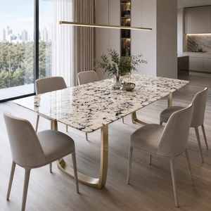 Table à manger personnalisée en quartzite Bianco Fiorla, plateau rectangulaire, style moderne, pour villa, 6 à 8 places, pieds en métal, mobilier en pierre - Product Image 1