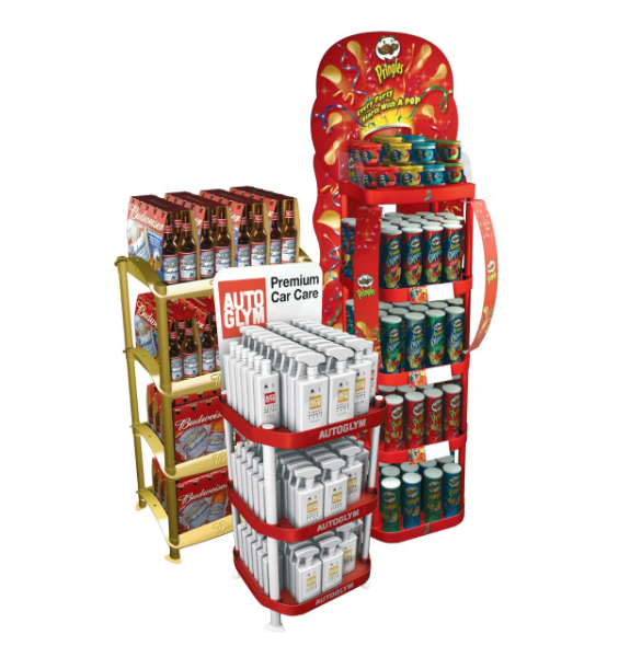 Beviis Custom Modern PVC Foam Board Floor Standing Display Stands for Motor Oil & Water Bottles Supermarket Use
