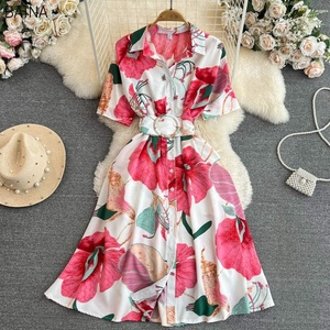 New Flower In Ấn Giản Dị Dresses Lần Lượt Xuống Cổ Áo Duy Nhất Ngực Vành Đai Thắt Lưng Phụ Nữ Ăn Mặc Tương Phản Một Dòng Phụ Nữ Quần Áo - Product Image 1