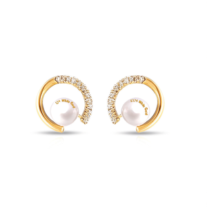 Boucles d'oreilles Huggie en or blanc E3274 avec perle de culture et sertissage en diamant, bijoux minimalistes pour femmes - Product Image 1