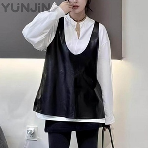 Gilet <span class=keywords><strong>en</strong></span> <span class=keywords><strong>cuir</strong></span> de mouton pour femme, <span class=keywords><strong>veste</strong></span> <span class=keywords><strong>sans</strong></span> manches surdimensionnée, <span class=keywords><strong>veste</strong></span> décontractée à superposer, nouvelle arrivée printemps automne - Product Image 1