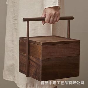 Caja de regalo de madera maciza de nogal, de doble capa, portátil, rectangular, para té y dumplings de arroz. - Product Image 1