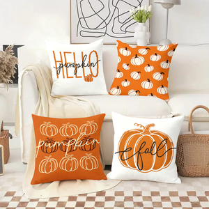 Những chiếc gối trang trí hình bí ngô mùa thu tạo điểm nhấn cho bộ ghế sofa phòng khách ấm cúng với các chi tiết trang trí lễ hội. - Product Image 2