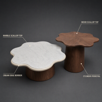 Ensemble de tables basses Six Lobe Flower en marbre blanc, table d'appoint en bois Starburst, base en noyer à bord crème, paire de tables gigognes modernes