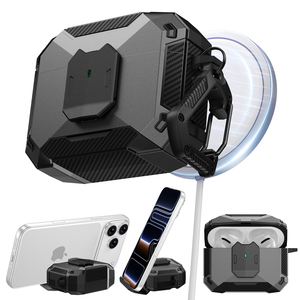 Estuche Magnético para Auriculares con Carga Inalámbrica para <span class=keywords><strong>AirPods</strong></span> <span class=keywords><strong>Pro</strong></span> 2 3 4, Funda Protectora Resistente de Fibra de Carbono con Bloqueo y Soporte para Teléfono - Product Image 1