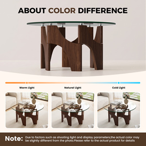 Round Tempered Glass <b>Coffee</b> <b>Table</b> with Solid Wood Geometric <b>Legs</b> Easy Clean Transparent Top Center <b>Table</b> <b>for</b> Living Room - Product Image 4