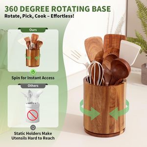 Organizador de Utensilios Giratorio de Madera de Acacia de 360 Grados, para Encimeras, con Ranuras para Cubiertos, Estilo Rústico, para Cocina - Product Image 3
