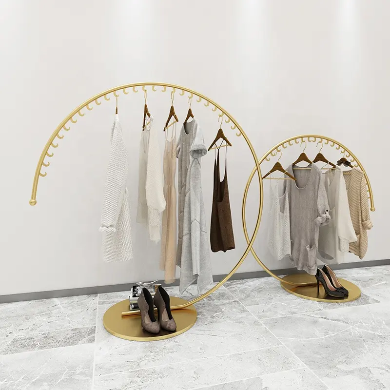 Factory Manufacture Stainless Steel Shiny Gold Clothes Display Rack Round Metal Rack For Clothing Store
