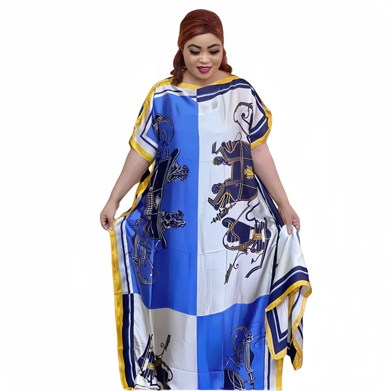 Wholesale Luxury Designer Silk Printed Robes With Headscarf Ethnic Style African Loose Women Polyester Silk Muslim Kaftans Gowns
