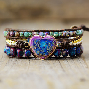 Bracelet en Cordon de Cuir avec Perles en Pierre Impériale en Forme de Cœur, Bijou Bohème Multicouche pour Femme, Idéal Cadeau - Product Image 3