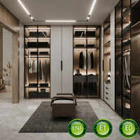 Armoire murale avec portes à panneaux verticaux longs et poignée unique, étagères ouvertes et quatre tiroirs, bande LED pour chambre à coucher