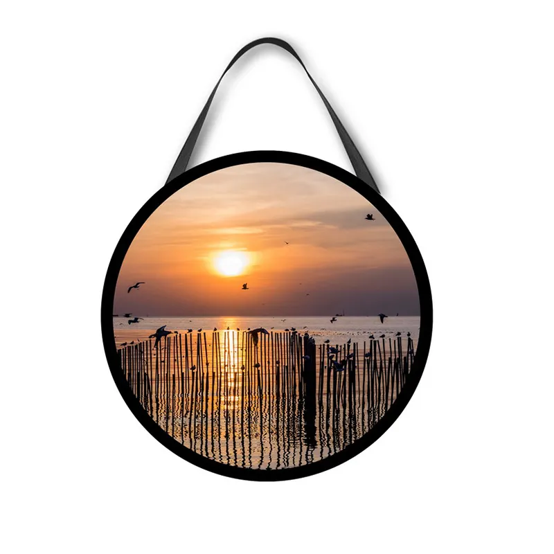Newish Sunset by the sea round led wall Seascape Paintings light canvas modern wall art for home